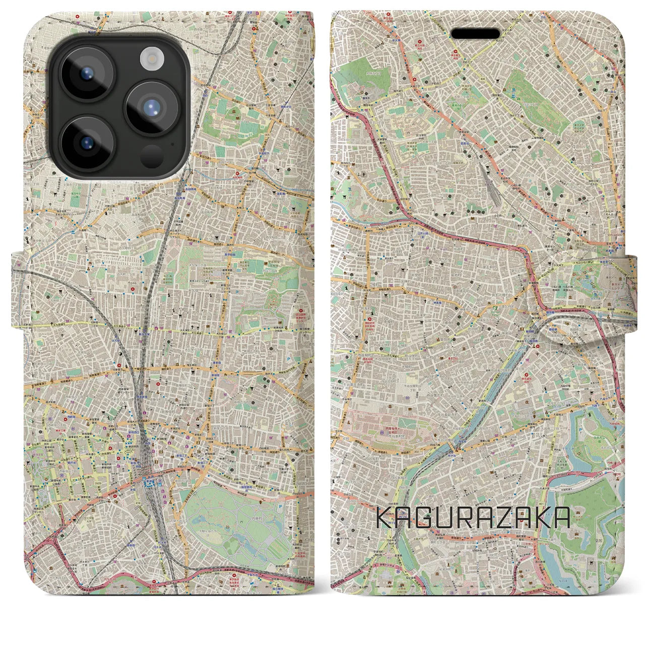 【神楽坂（東京都）】地図柄iPhoneケース（手帳タイプ）ナチュラル・iPhone 15 Pro Max 用