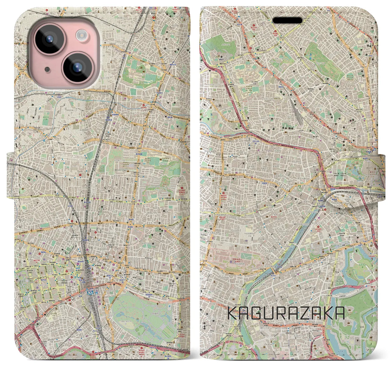 【神楽坂（東京都）】地図柄iPhoneケース（手帳タイプ）ナチュラル・iPhone 15 Plus 用