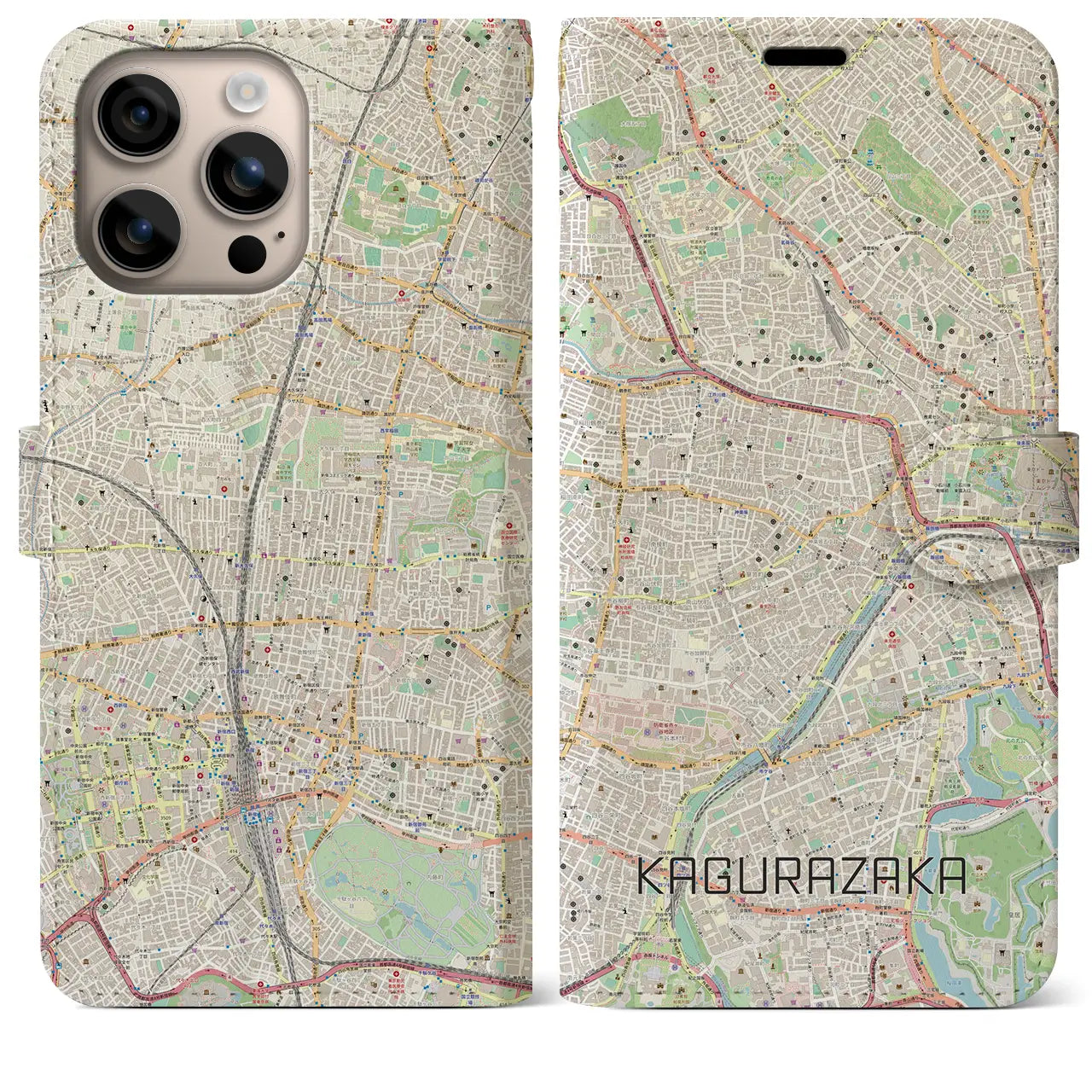 【神楽坂（東京都）】地図柄iPhoneケース（手帳タイプ）ナチュラル・iPhone 16 Plus 用