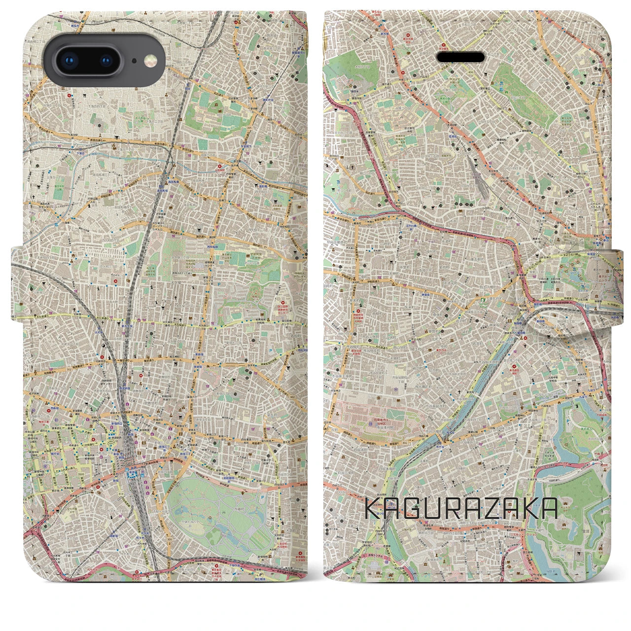 【神楽坂（東京都）】地図柄iPhoneケース（手帳タイプ）ナチュラル・iPhone 8Plus /7Plus / 6sPlus / 6Plus 用