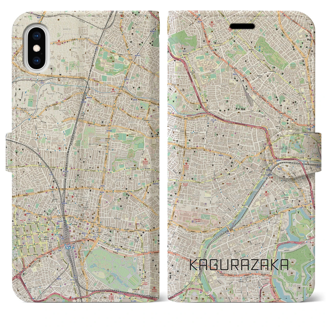 【神楽坂（東京都）】地図柄iPhoneケース（手帳タイプ）ナチュラル・iPhone XS Max 用