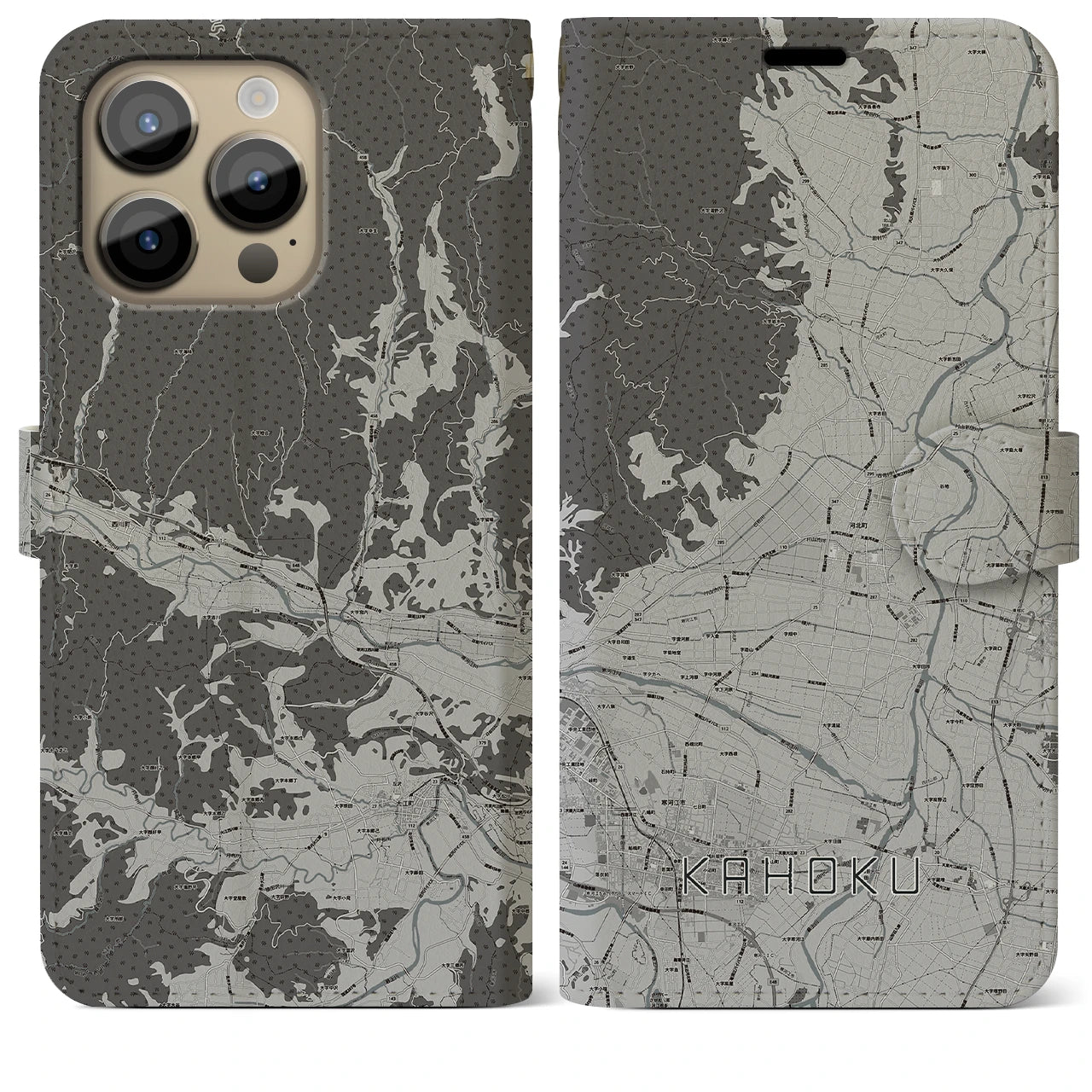 【河北】地図柄iPhoneケース（手帳両面タイプ・モノトーン）iPhone 14 Pro Max 用
