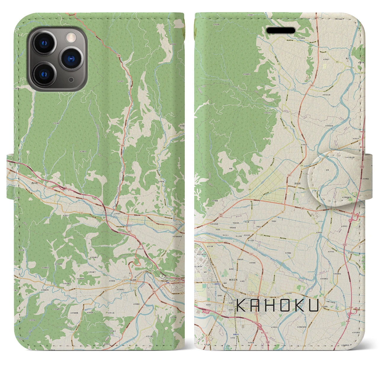 【河北（山形県）】地図柄iPhoneケース（手帳タイプ）ナチュラル・iPhone 11 Pro Max 用