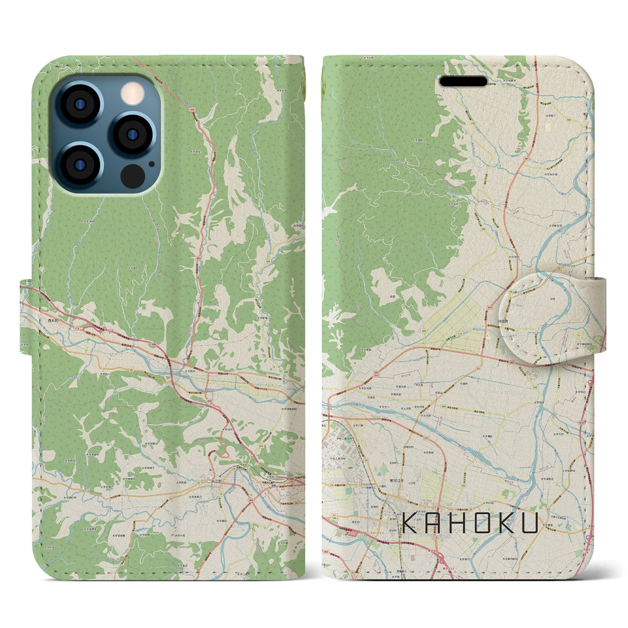 【河北（山形県）】地図柄iPhoneケース（手帳タイプ）ナチュラル・iPhone 12 / 12 Pro 用