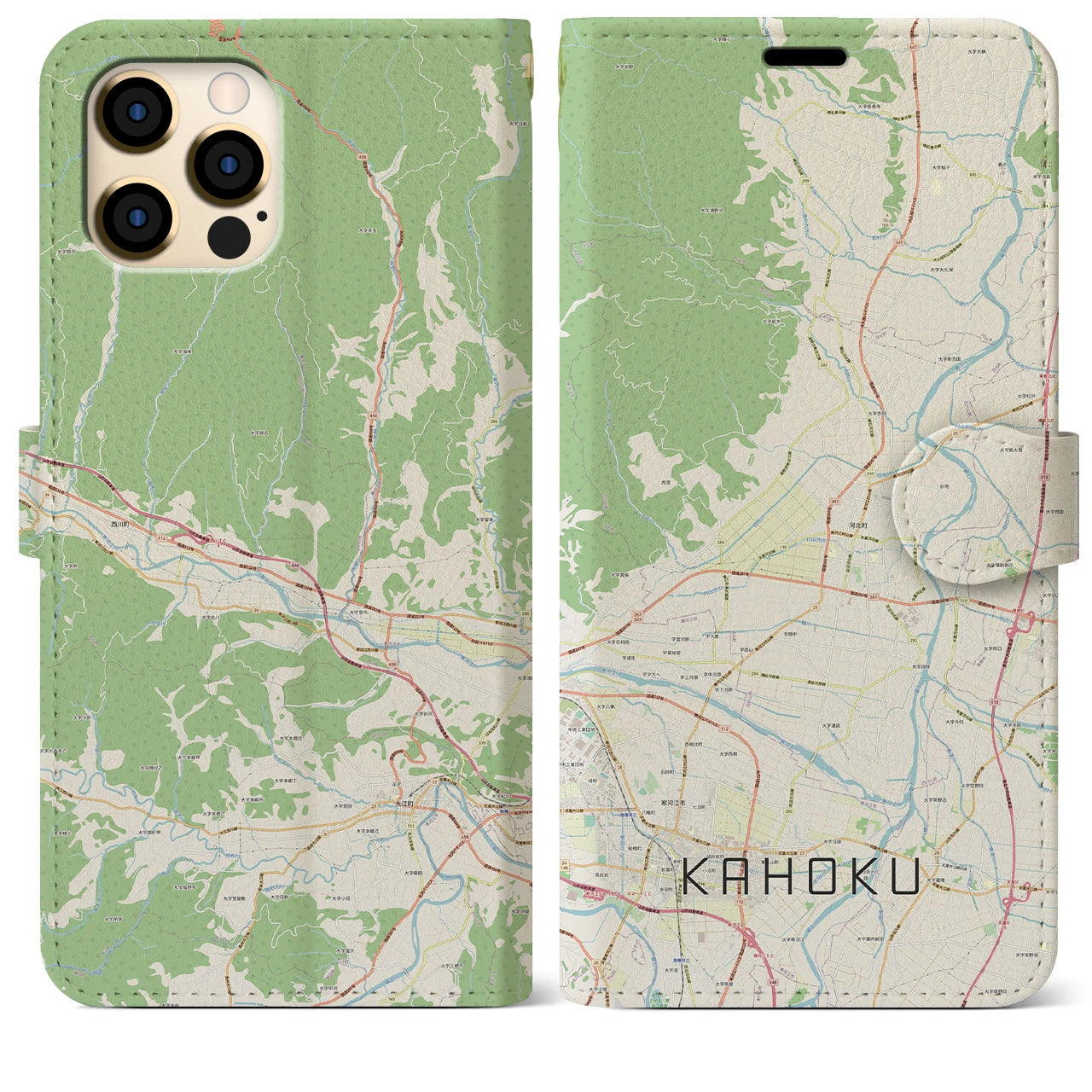 【河北（山形県）】地図柄iPhoneケース（手帳タイプ）ナチュラル・iPhone 12 Pro Max 用