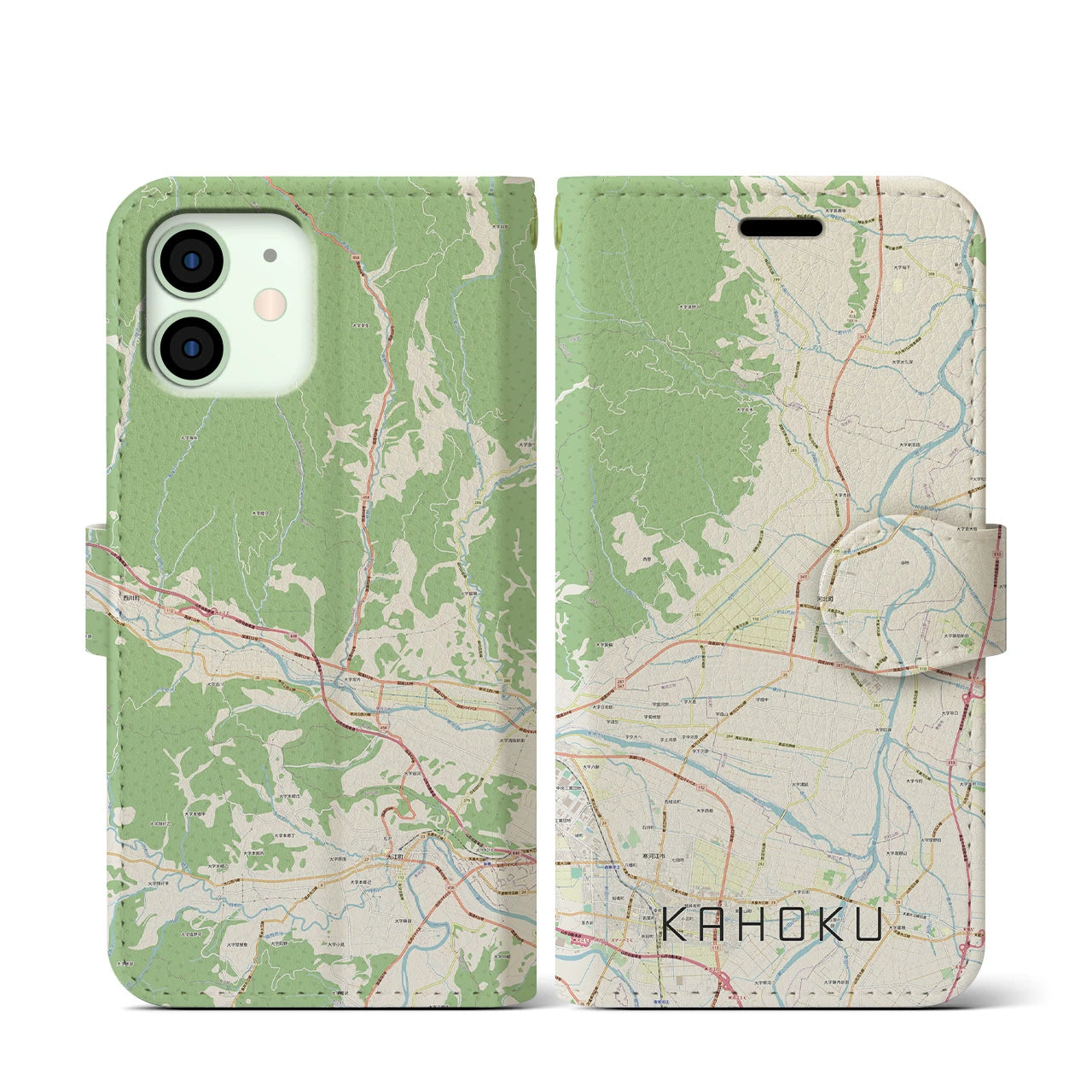 【河北（山形県）】地図柄iPhoneケース（手帳タイプ）ナチュラル・iPhone 12 mini 用