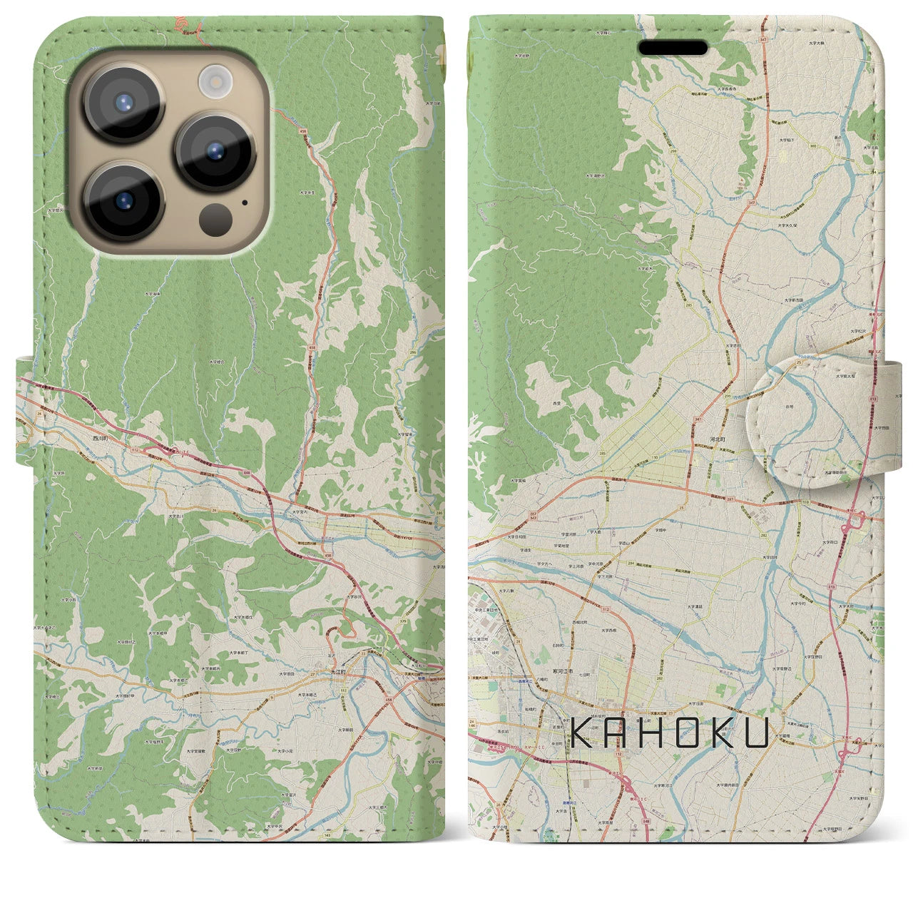 【河北（山形県）】地図柄iPhoneケース（手帳タイプ）ナチュラル・iPhone 14 Pro Max 用