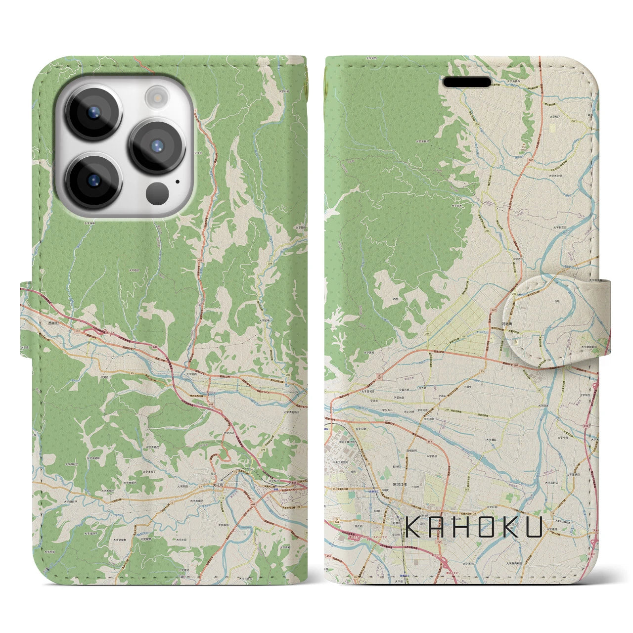 【河北（山形県）】地図柄iPhoneケース（手帳タイプ）ナチュラル・iPhone 14 Pro 用