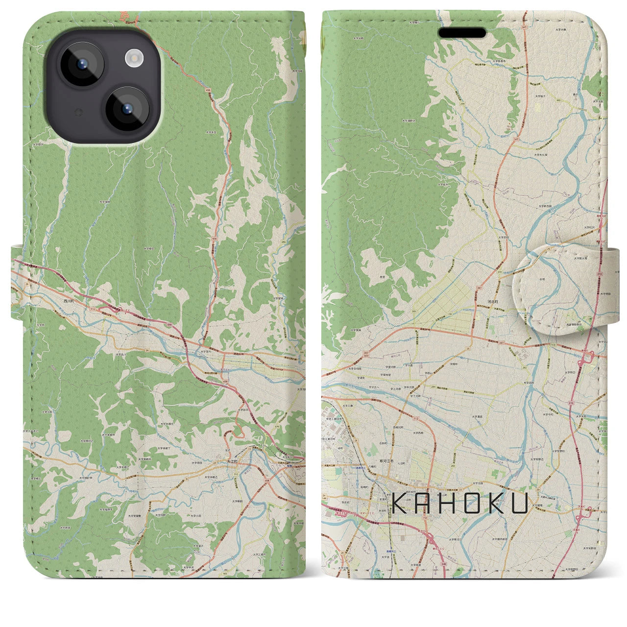 【河北（山形県）】地図柄iPhoneケース（手帳タイプ）ナチュラル・iPhone 14 Plus 用