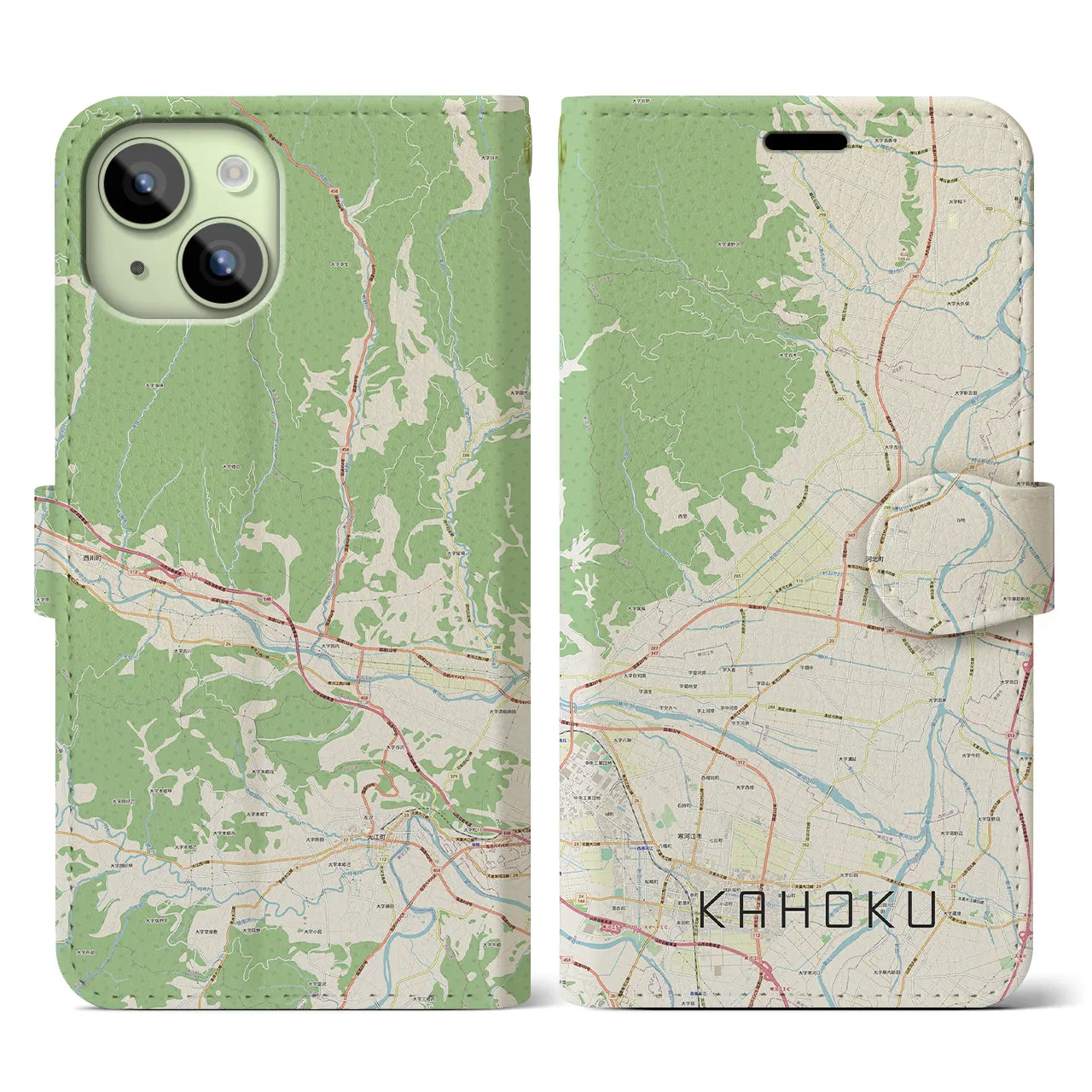 【河北（山形県）】地図柄iPhoneケース（手帳タイプ）ナチュラル・iPhone 15 用