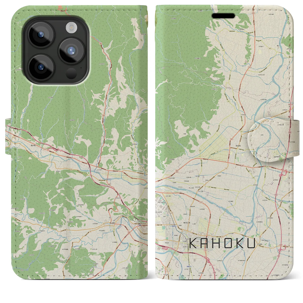 【河北（山形県）】地図柄iPhoneケース（手帳タイプ）ナチュラル・iPhone 15 Pro Max 用