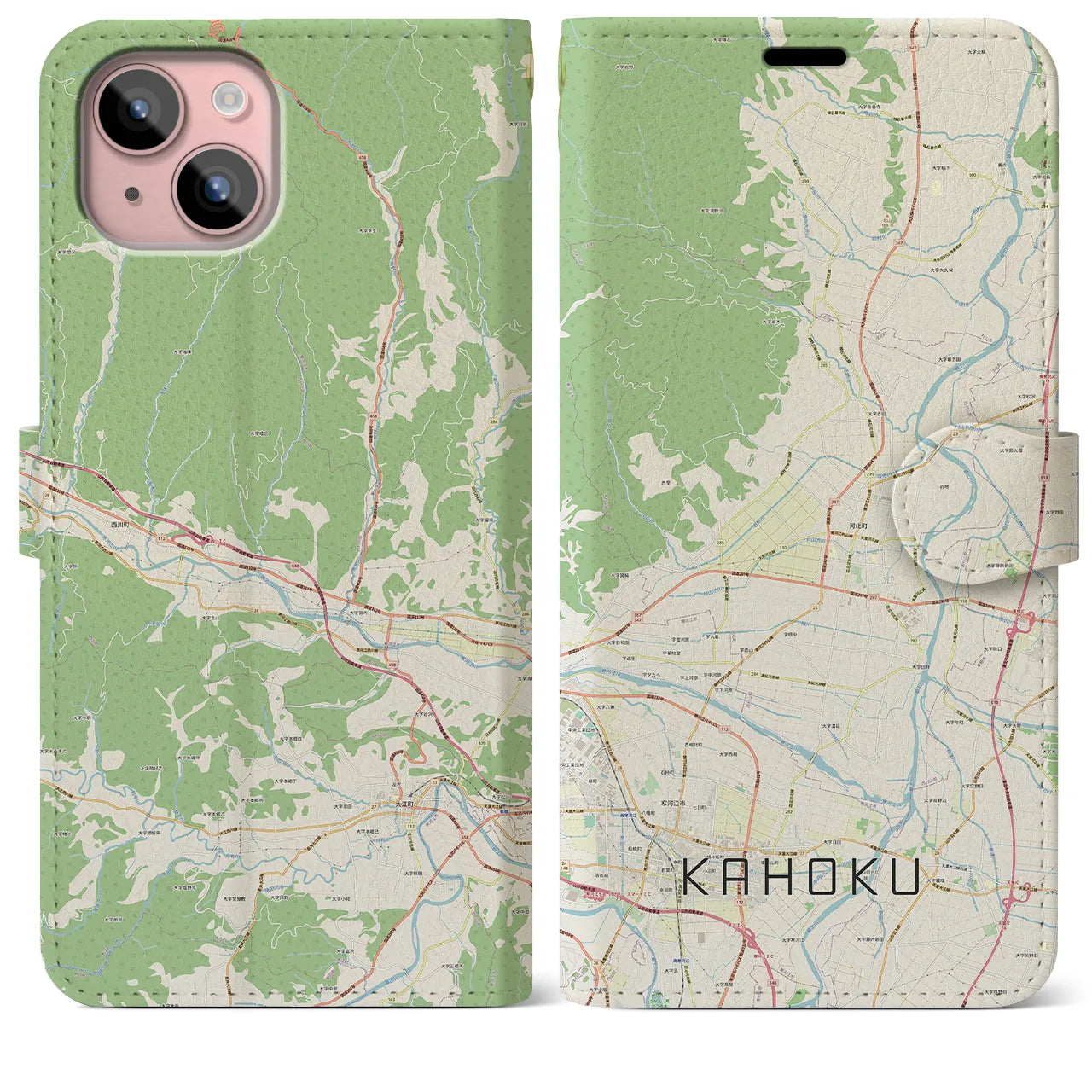 【河北（山形県）】地図柄iPhoneケース（手帳タイプ）ナチュラル・iPhone 15 Plus 用