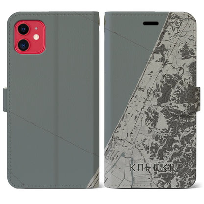 【かほく（石川県）】地図柄iPhoneケース（手帳タイプ）モノトーン・iPhone 11 用