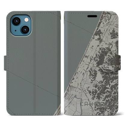【かほく（石川県）】地図柄iPhoneケース（手帳タイプ）モノトーン・iPhone 13 用