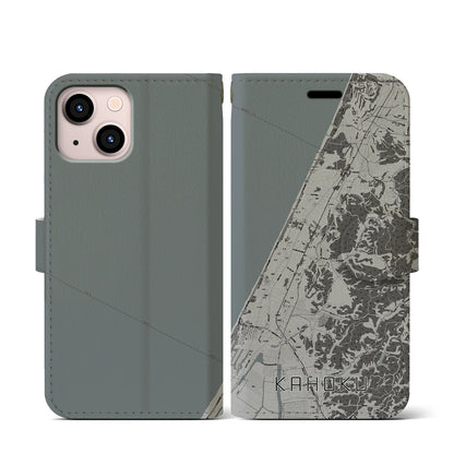 【かほく（石川県）】地図柄iPhoneケース（手帳タイプ）モノトーン・iPhone 13 mini 用