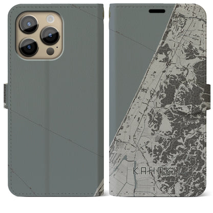 【かほく（石川県）】地図柄iPhoneケース（手帳タイプ）モノトーン・iPhone 14 Pro Max 用