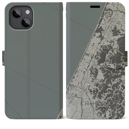 【かほく（石川県）】地図柄iPhoneケース（手帳タイプ）モノトーン・iPhone 14 Plus 用