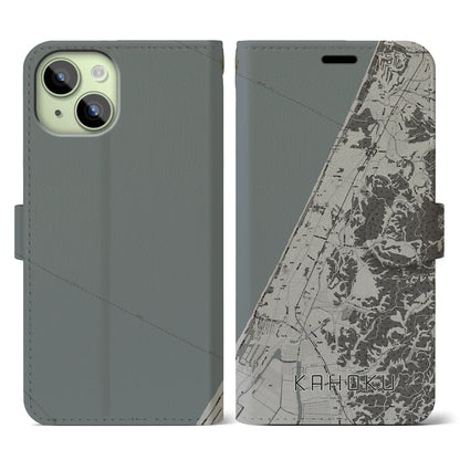 【かほく（石川県）】地図柄iPhoneケース（手帳タイプ）モノトーン・iPhone 15 用