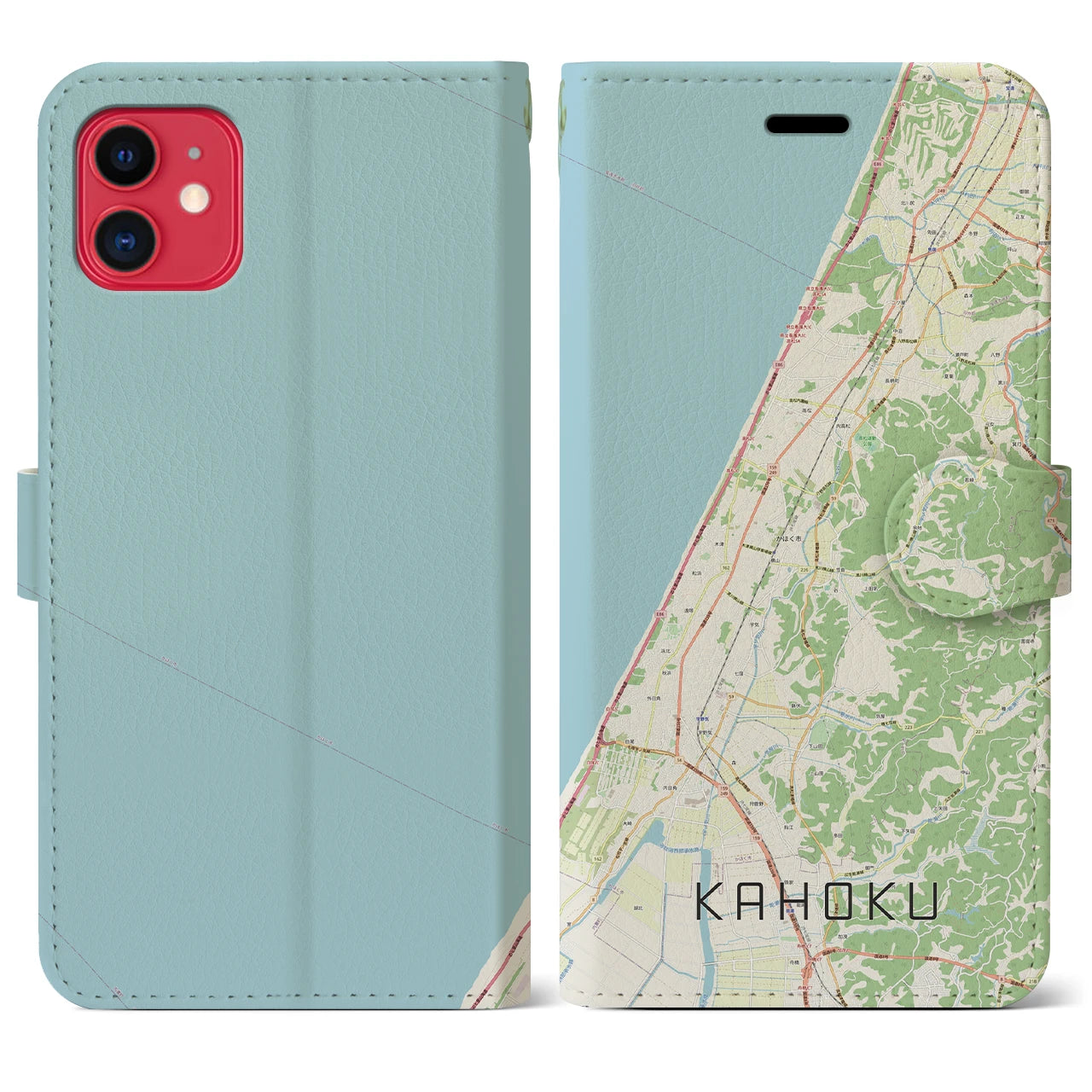 【かほく（石川県）】地図柄iPhoneケース（手帳タイプ）ナチュラル・iPhone 11 用