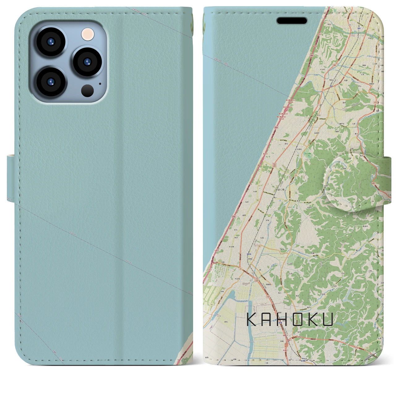 【かほく（石川県）】地図柄iPhoneケース（手帳タイプ）ナチュラル・iPhone 13 Pro Max 用