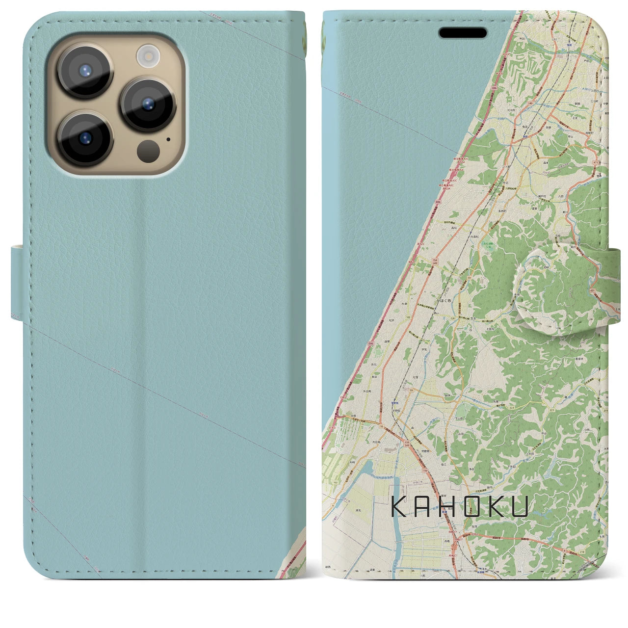 【かほく（石川県）】地図柄iPhoneケース（手帳タイプ）ナチュラル・iPhone 14 Pro Max 用