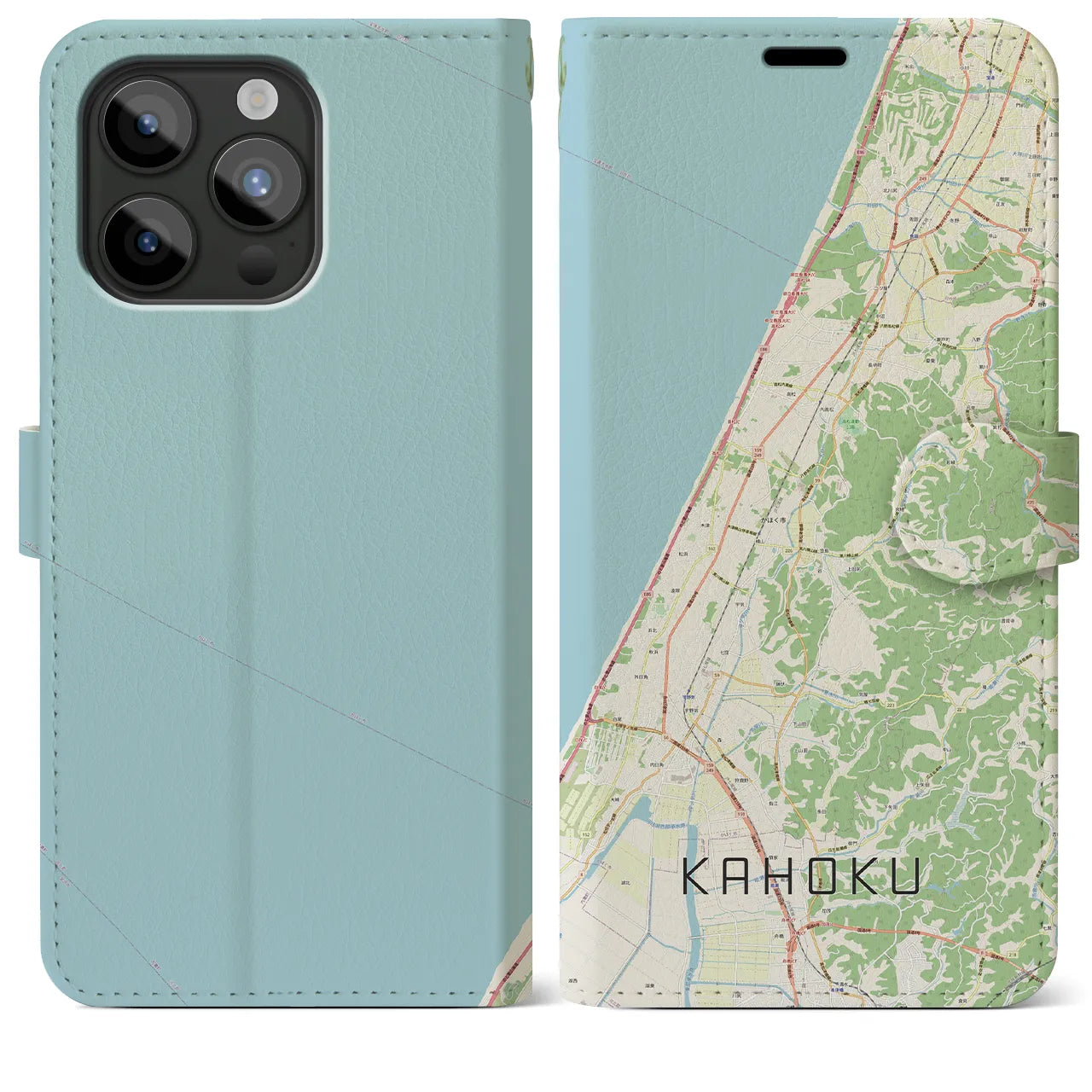 【かほく（石川県）】地図柄iPhoneケース（手帳タイプ）ナチュラル・iPhone 15 Pro Max 用