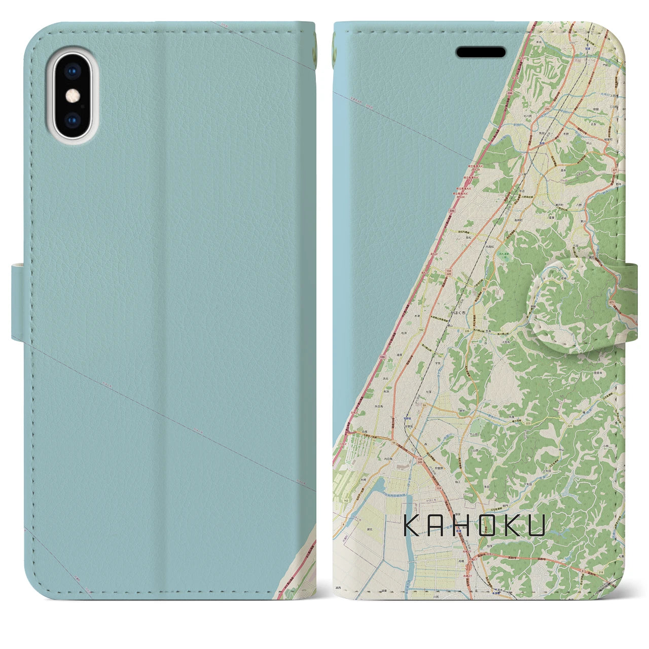 【かほく（石川県）】地図柄iPhoneケース（手帳タイプ）ナチュラル・iPhone XS Max 用