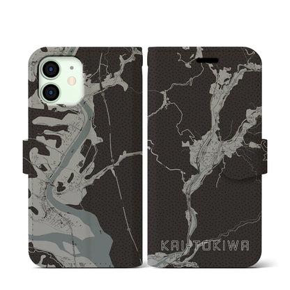 【甲斐常葉（山梨県）】地図柄iPhoneケース（手帳タイプ）モノトーン・iPhone 12 mini 用