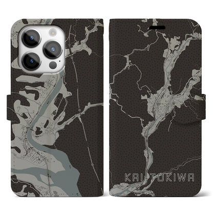 【甲斐常葉（山梨県）】地図柄iPhoneケース（手帳タイプ）モノトーン・iPhone 14 Pro 用