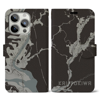 【甲斐常葉（山梨県）】地図柄iPhoneケース（手帳タイプ）モノトーン・iPhone 15 Pro 用