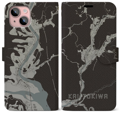 【甲斐常葉（山梨県）】地図柄iPhoneケース（手帳タイプ）モノトーン・iPhone 15 Plus 用