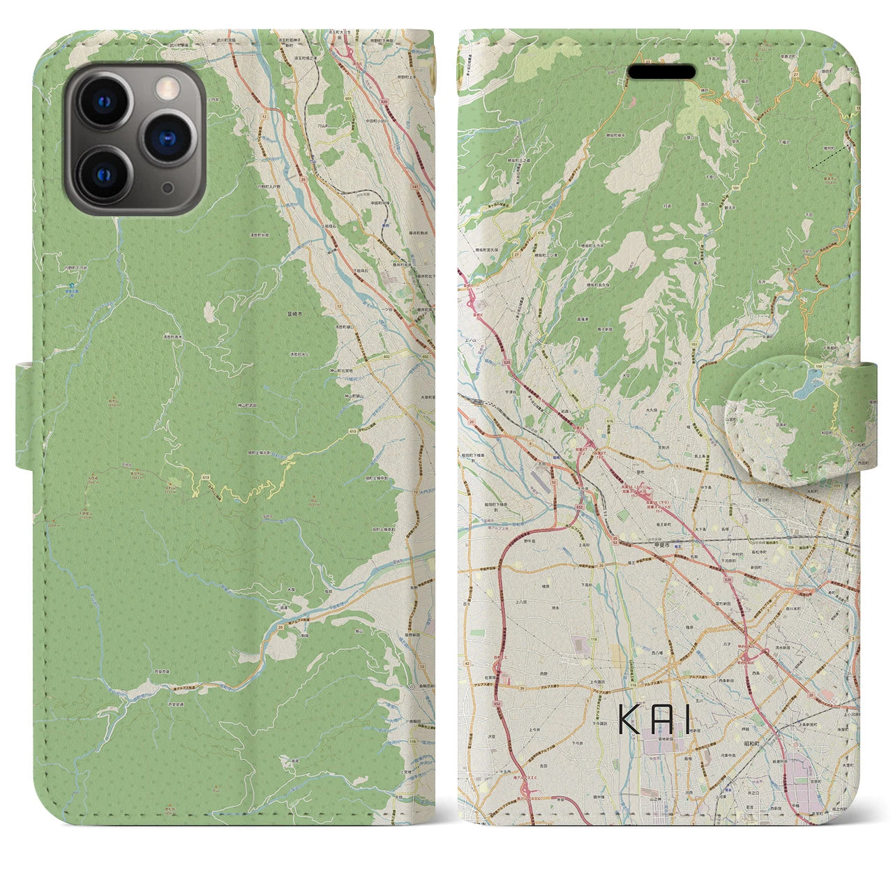 【甲斐（山梨県）】地図柄iPhoneケース（手帳タイプ）ナチュラル・iPhone 11 Pro Max 用