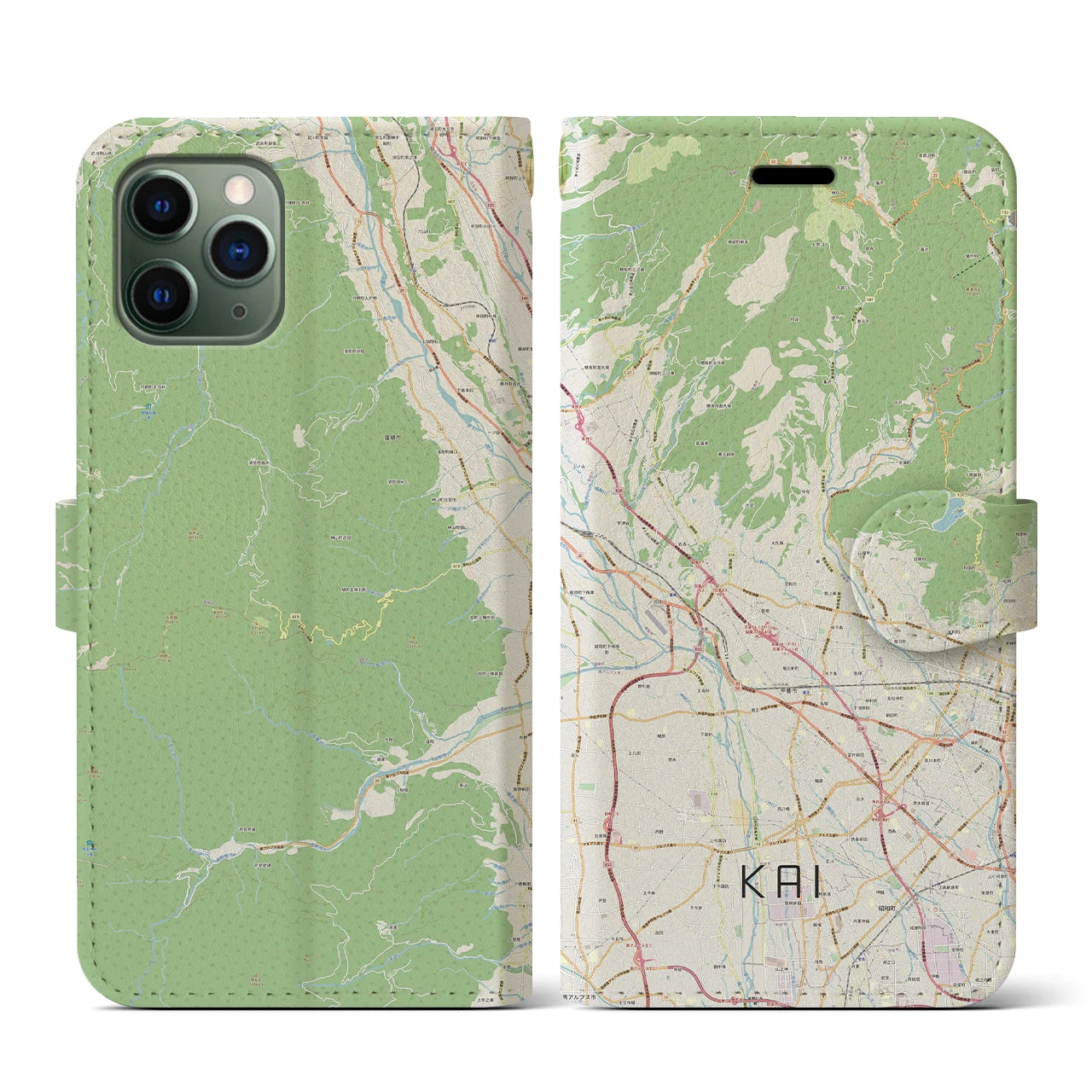 【甲斐（山梨県）】地図柄iPhoneケース（手帳タイプ）ナチュラル・iPhone 11 Pro 用