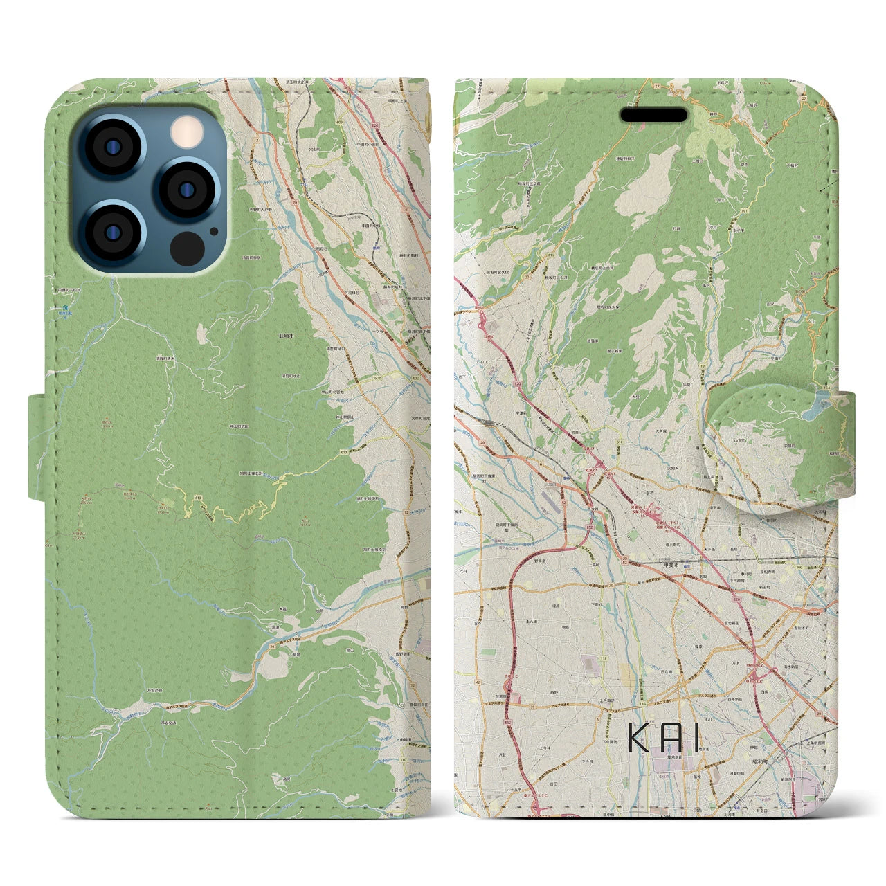 【甲斐（山梨県）】地図柄iPhoneケース（手帳タイプ）ナチュラル・iPhone 12 / 12 Pro 用