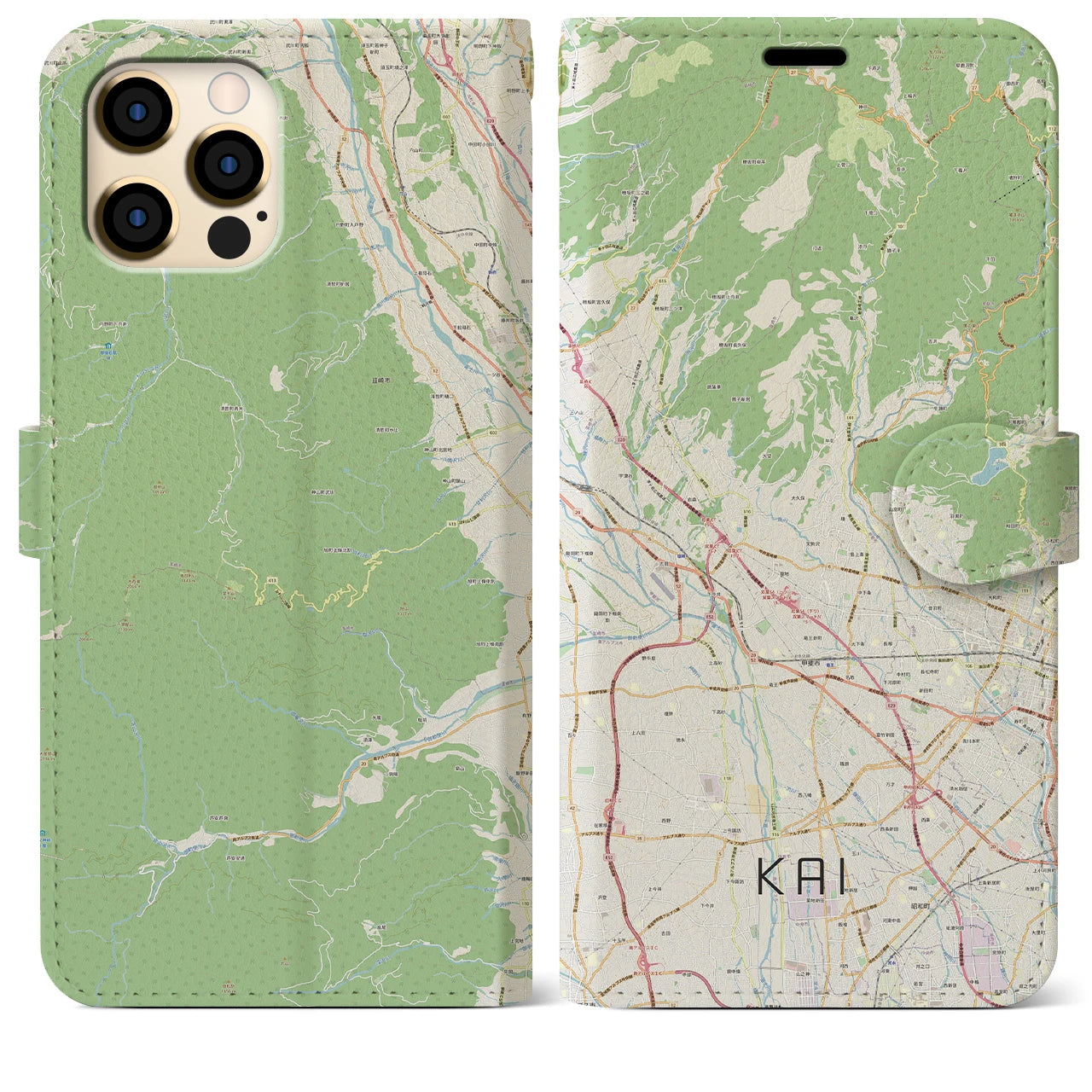 【甲斐（山梨県）】地図柄iPhoneケース（手帳タイプ）ナチュラル・iPhone 12 Pro Max 用