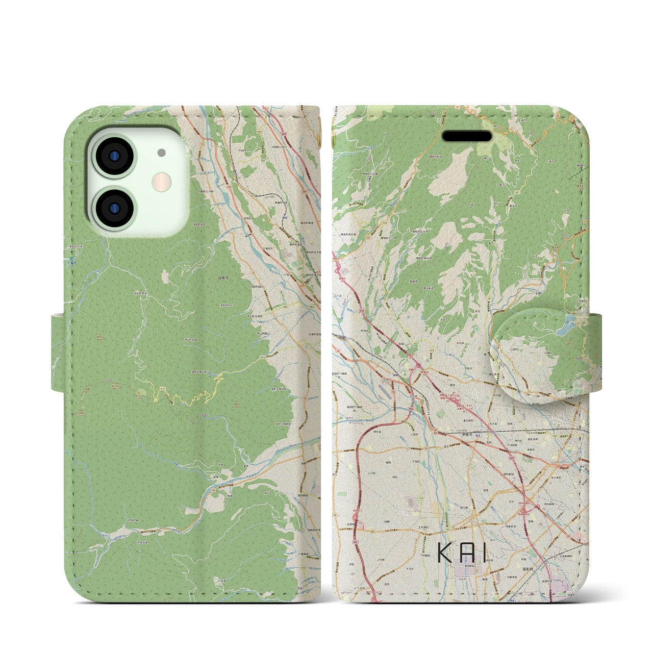 【甲斐（山梨県）】地図柄iPhoneケース（手帳タイプ）ナチュラル・iPhone 12 mini 用