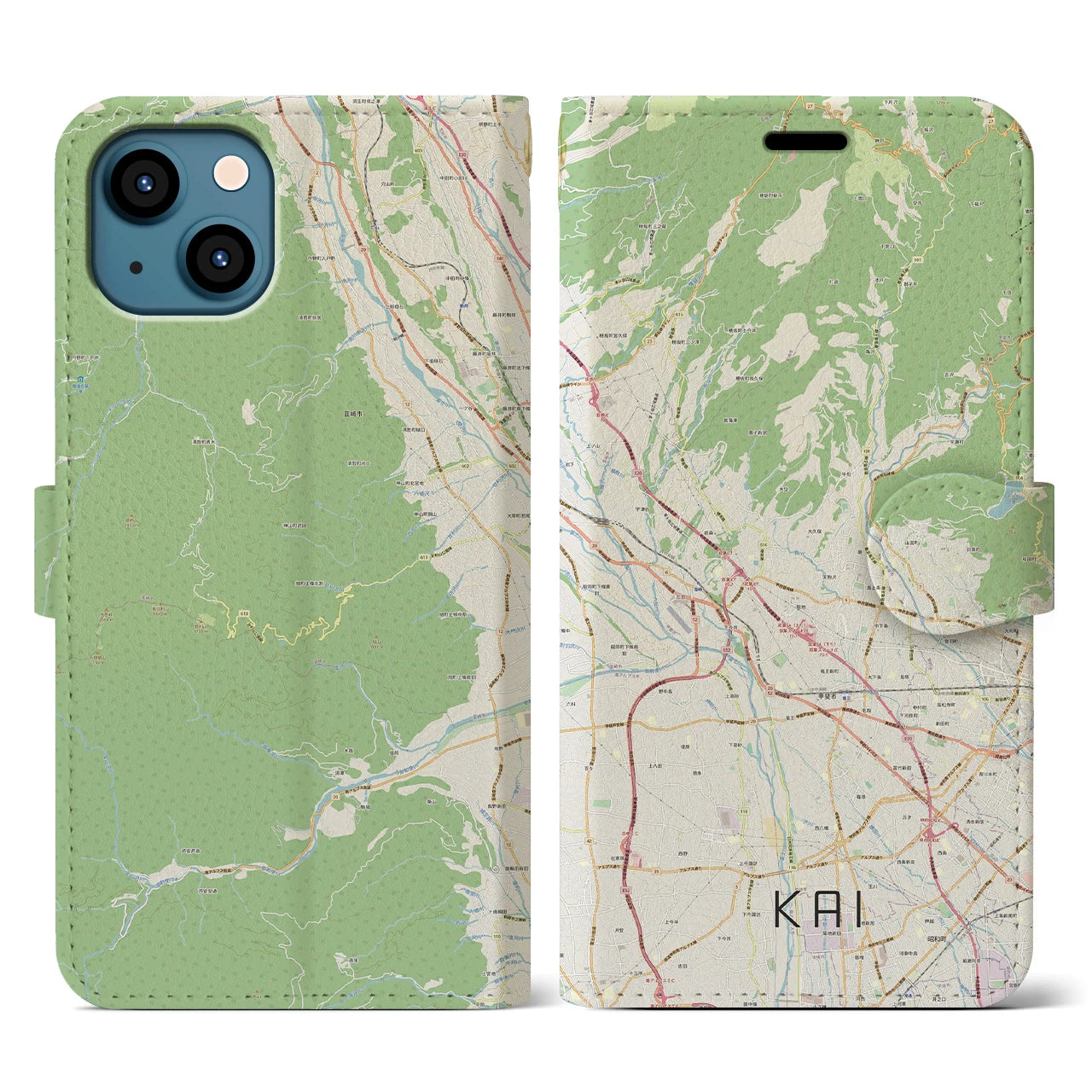 【甲斐（山梨県）】地図柄iPhoneケース（手帳タイプ）ナチュラル・iPhone 13 用