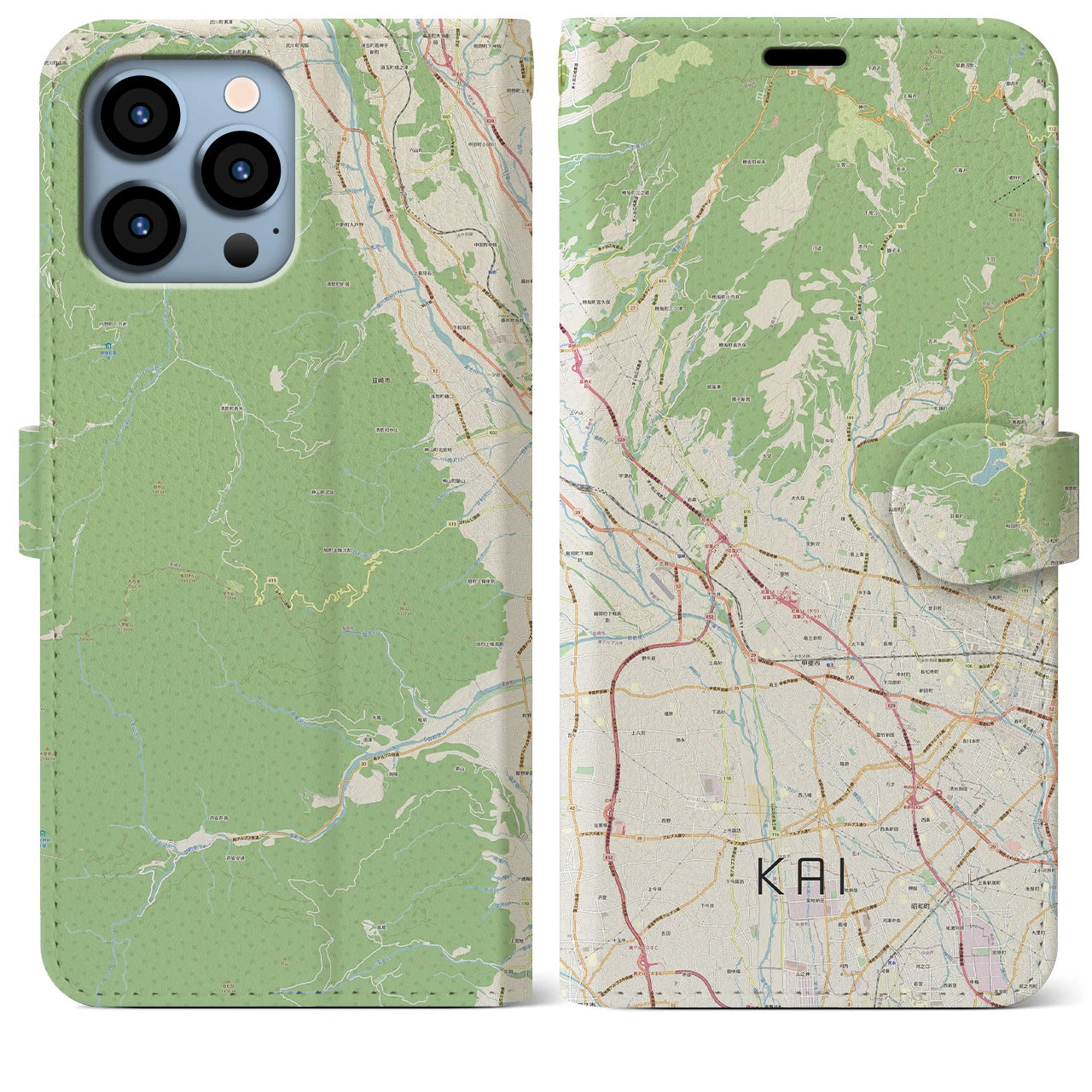 【甲斐（山梨県）】地図柄iPhoneケース（手帳タイプ）ナチュラル・iPhone 13 Pro Max 用