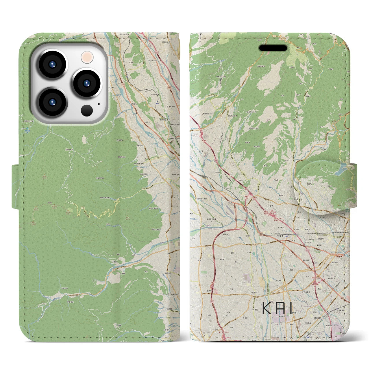 【甲斐（山梨県）】地図柄iPhoneケース（手帳タイプ）ナチュラル・iPhone 13 Pro 用