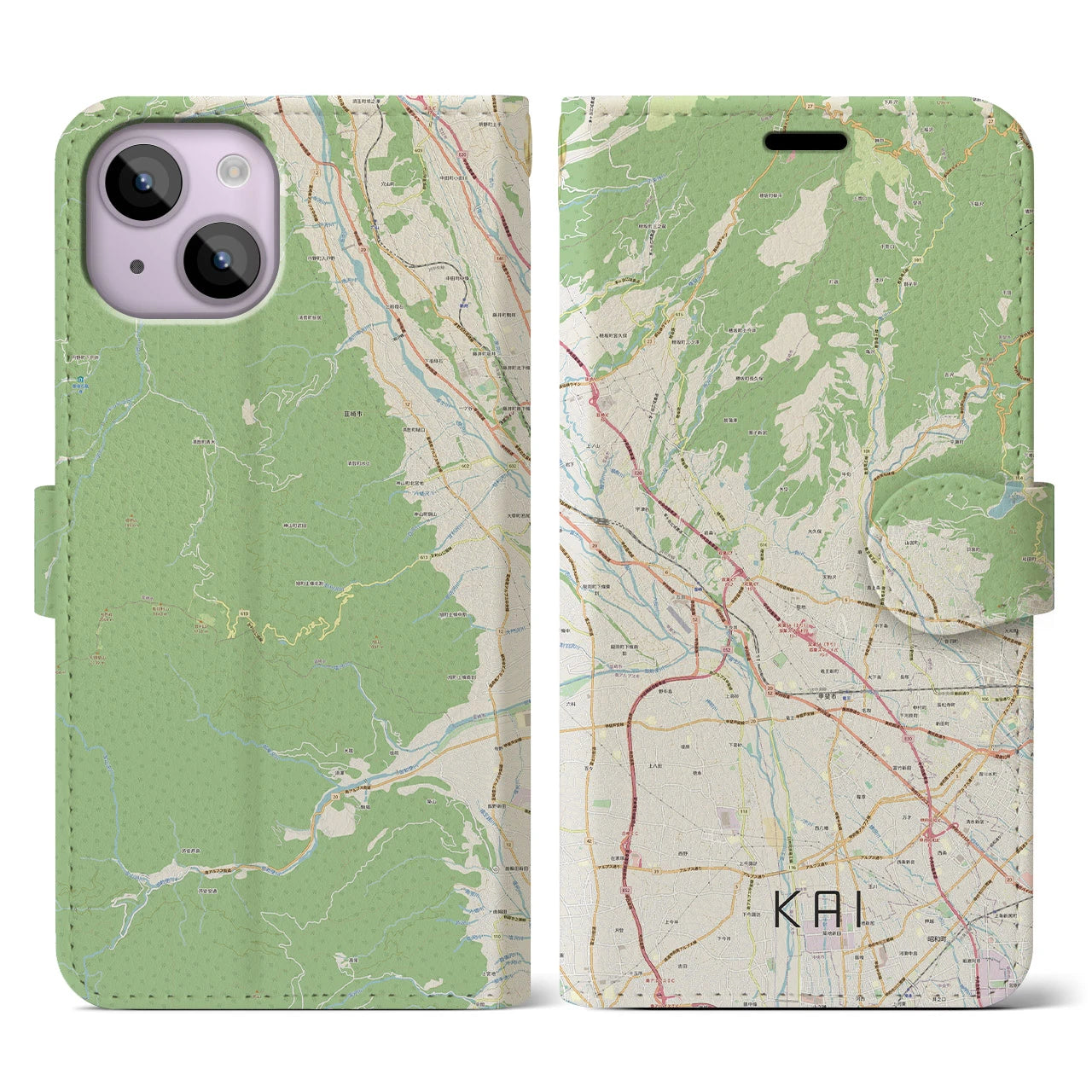 【甲斐（山梨県）】地図柄iPhoneケース（手帳タイプ）ナチュラル・iPhone 14 用