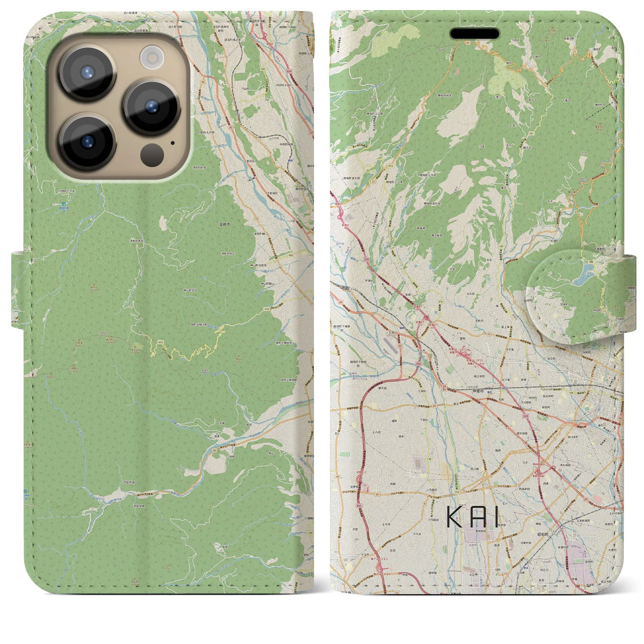 【甲斐（山梨県）】地図柄iPhoneケース（手帳タイプ）ナチュラル・iPhone 14 Pro Max 用