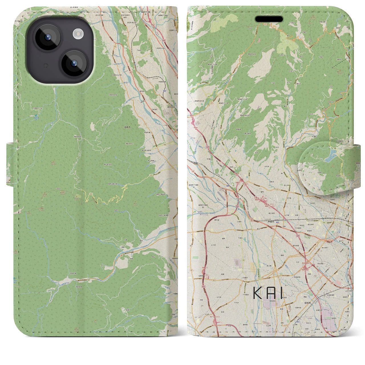 【甲斐（山梨県）】地図柄iPhoneケース（手帳タイプ）ナチュラル・iPhone 14 Plus 用