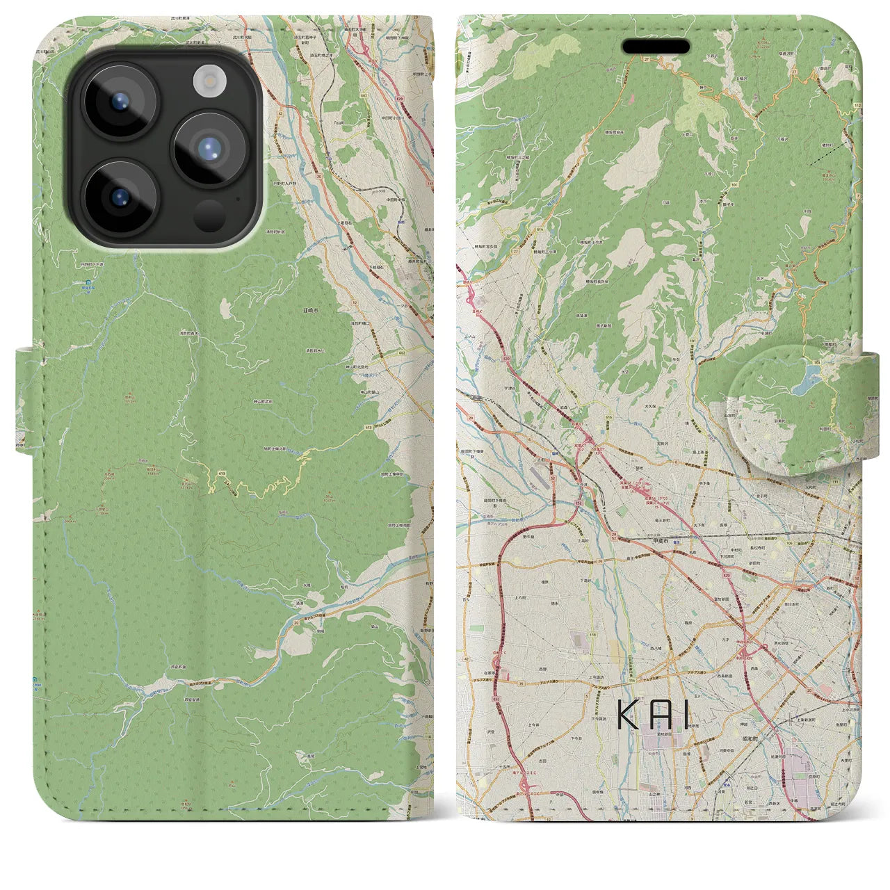 【甲斐（山梨県）】地図柄iPhoneケース（手帳タイプ）ナチュラル・iPhone 15 Pro Max 用