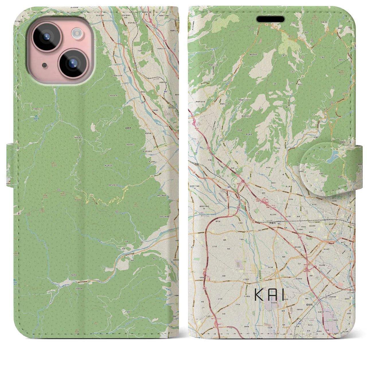 【甲斐（山梨県）】地図柄iPhoneケース（手帳タイプ）ナチュラル・iPhone 15 Plus 用