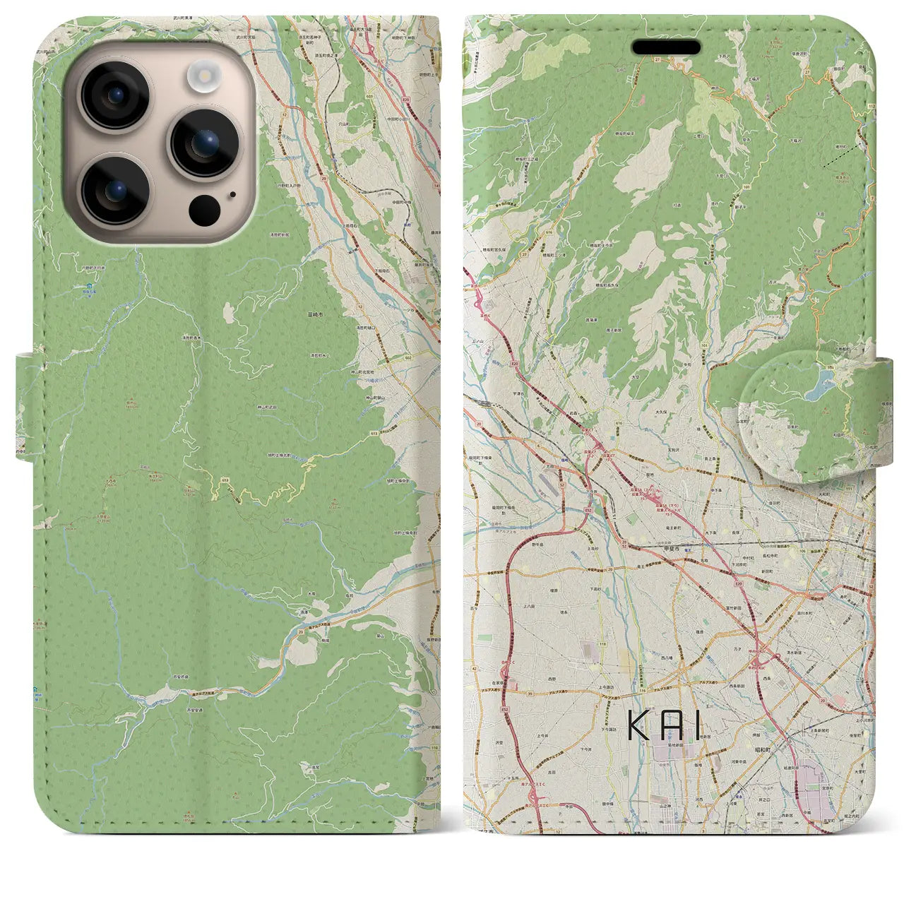 【甲斐（山梨県）】地図柄iPhoneケース（手帳タイプ）ナチュラル・iPhone 16 Plus 用