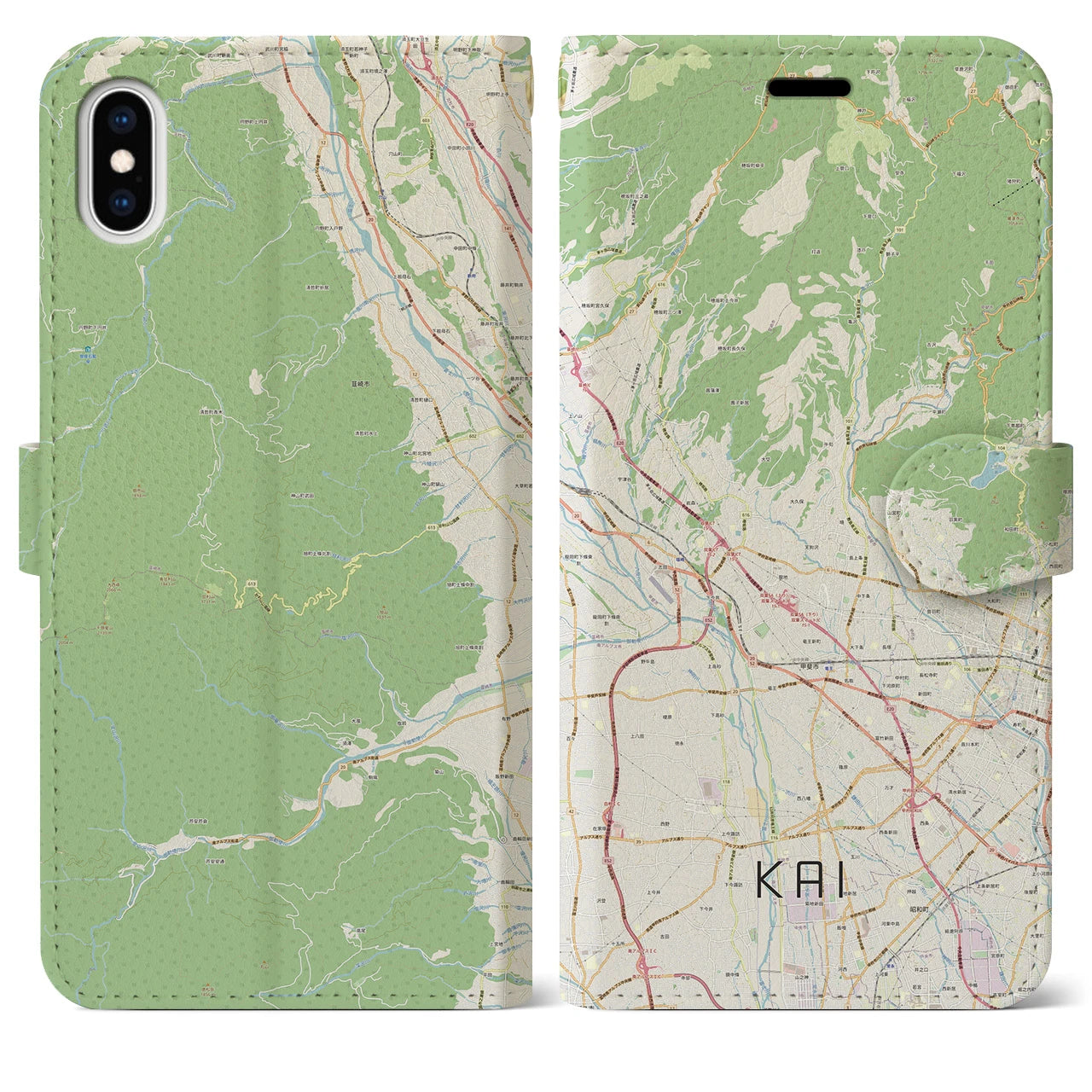 【甲斐（山梨県）】地図柄iPhoneケース（手帳タイプ）ナチュラル・iPhone XS Max 用