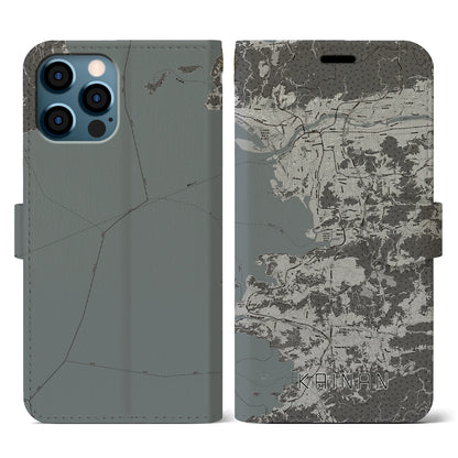 【海南（和歌山県）】地図柄iPhoneケース（手帳タイプ）モノトーン・iPhone 12 / 12 Pro 用