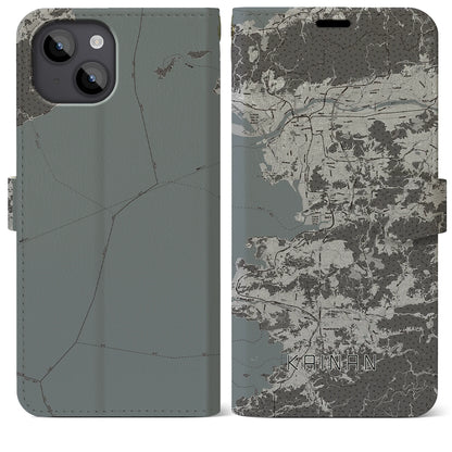 【海南（和歌山県）】地図柄iPhoneケース（手帳タイプ）モノトーン・iPhone 14 Plus 用