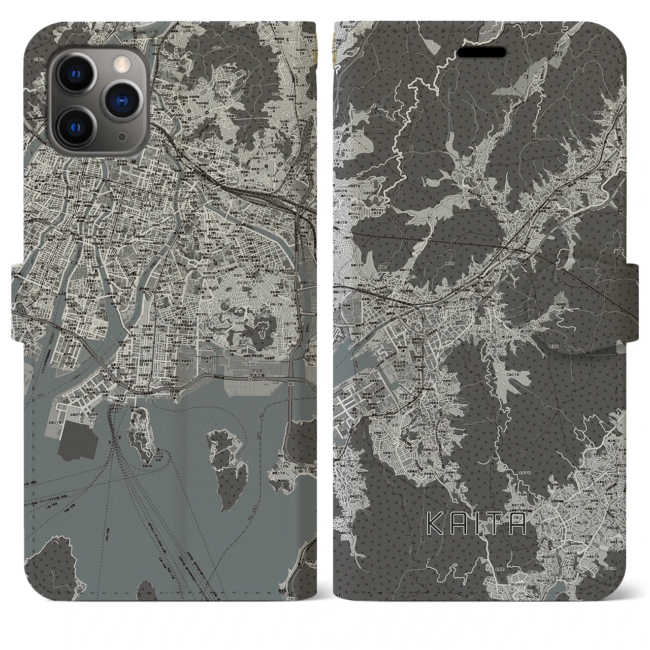 【海田】地図柄iPhoneケース（手帳両面タイプ・モノトーン）iPhone 11 Pro Max 用