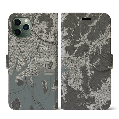 【海田（広島県）】地図柄iPhoneケース（手帳タイプ）モノトーン・iPhone 11 Pro 用